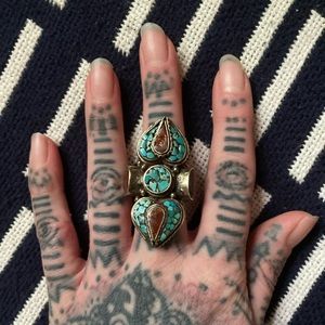 Silver ring with turquoise and red coral inlay